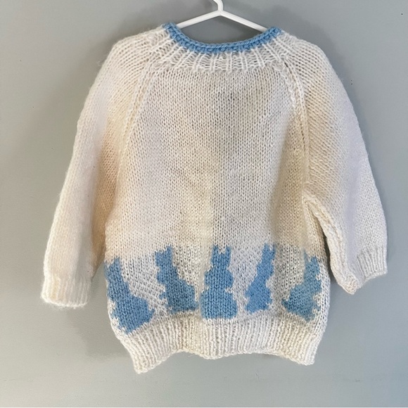 Handmade Knit Blue Bunny Rabbit Zip Up White Sweater Jacket Coat Child 4T 5T - Picture 9 of 13